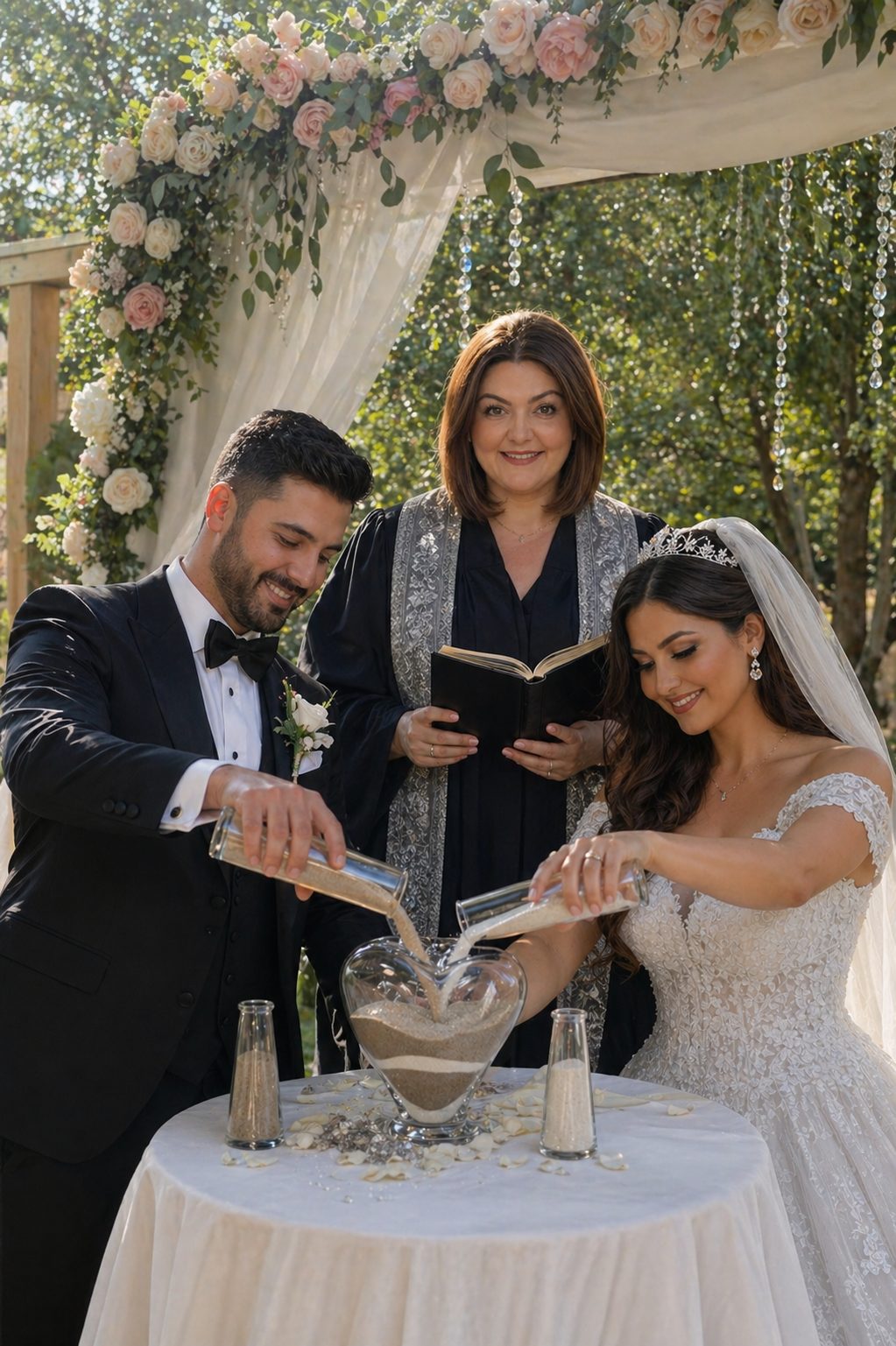 Couple during a sand pouring unity ceremony